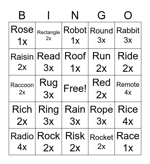 /R/ Initial Bingo Card