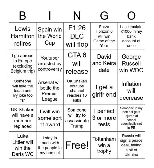 2026 Predictions Bingo Card