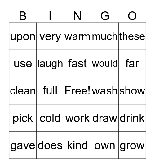 2nd and 3rd Grade Dolch Bingo Card