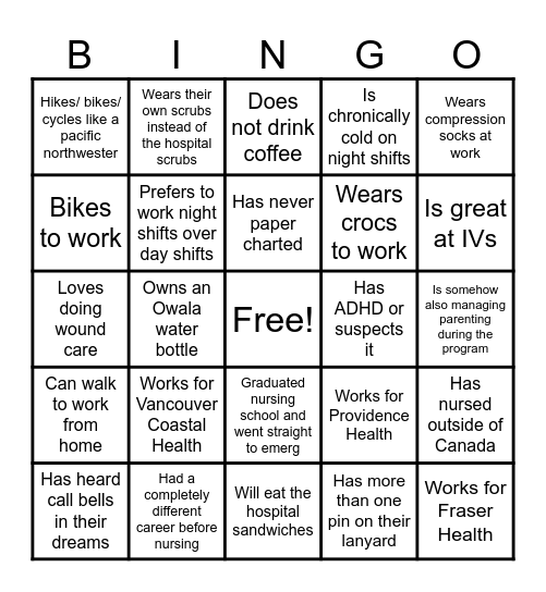 BCIT Specialty Nursing Program Ice Breaker! Bingo Card
