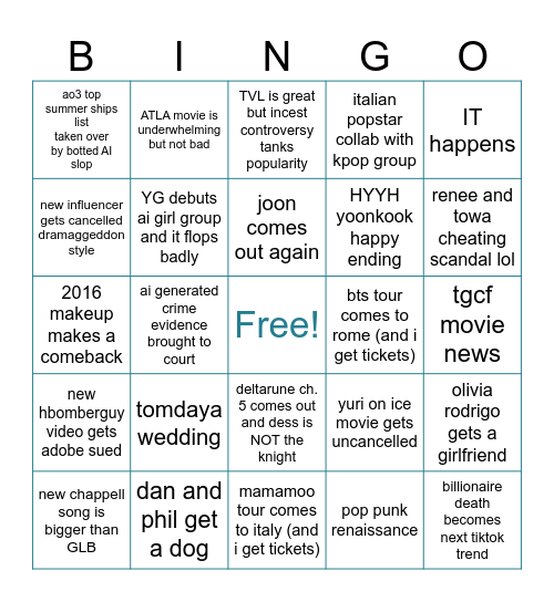 2026 pop culture bingo Card