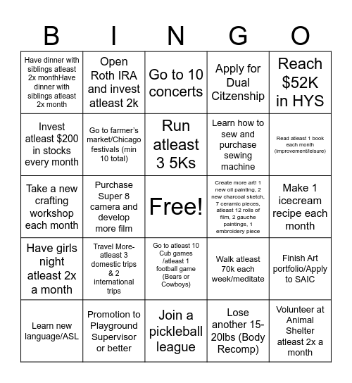 Cat's New Year Goals Bingo Card