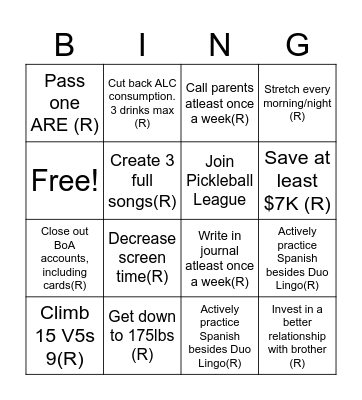 Ryan's New Year Goal Bingo Card