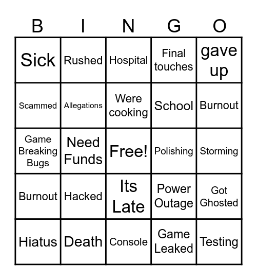 Delay Excuses Bingo Card