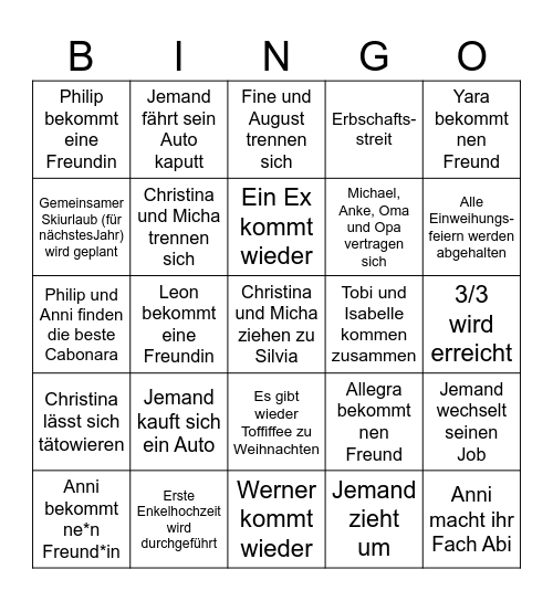Familien Bingo 2026 Bingo Card