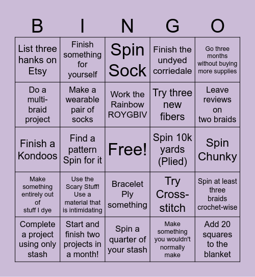 Kali's 2026 Fiber Arts Bingo! Bingo Card