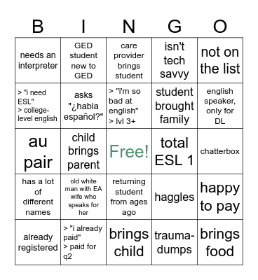 registration day Bingo Card
