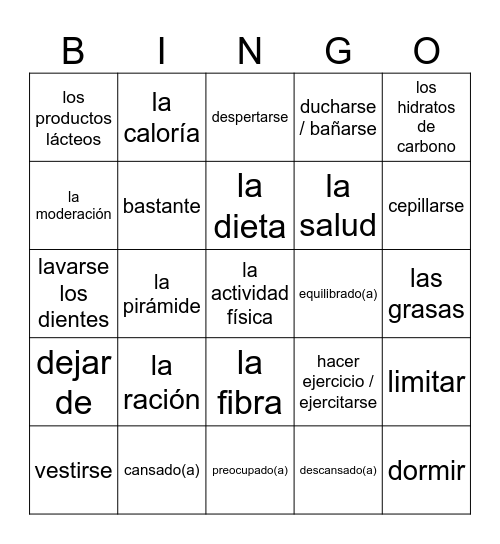 Una Vida Sana Bingo Card