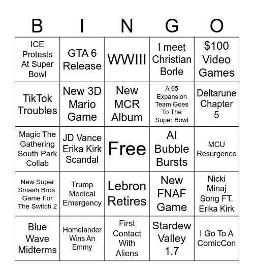 2026 Bingo Card Bingo Card