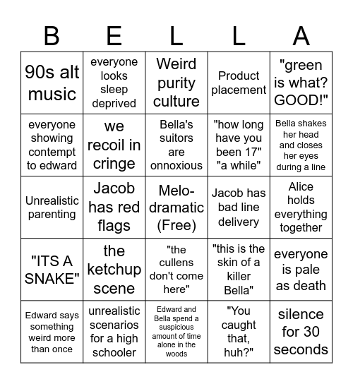 Twilight movie bingo Card