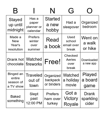 Winter Break Bingo Card