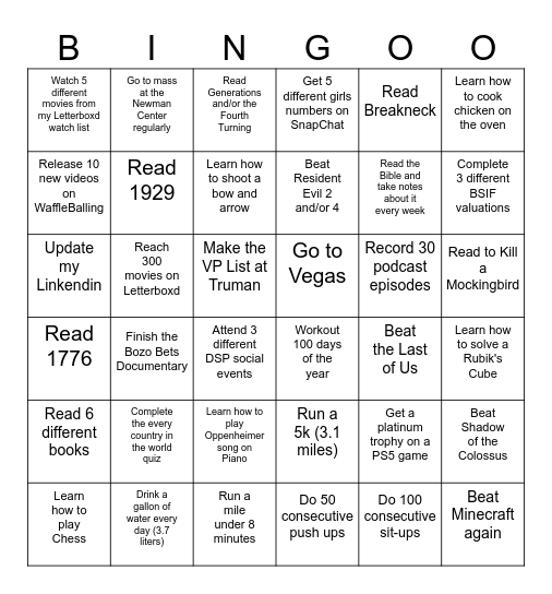 Fletcher 2026 Bingo Card Bingo Card