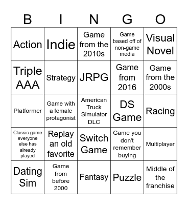 Video Game Bingo Card