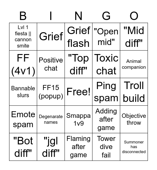 League bingo Card