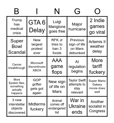 2026 Predictions Bingo Card