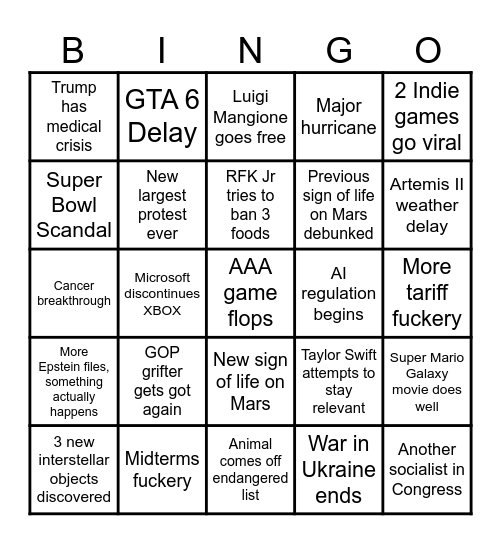 2026 Predictions Bingo Card