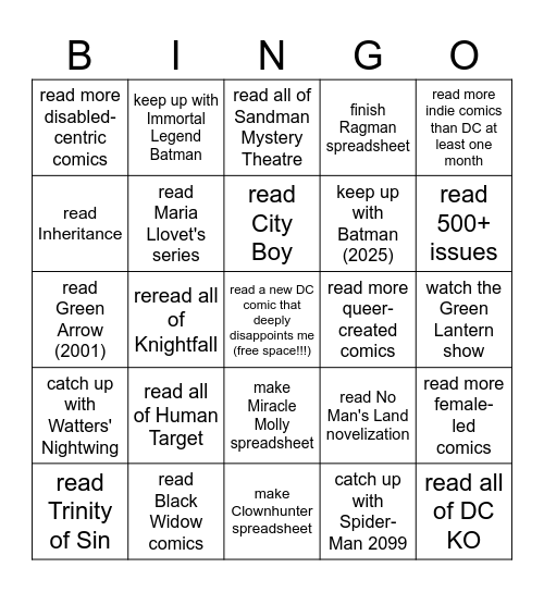 Comic Reading Bingo Card