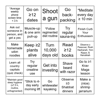 2026 Bingo! (* = for ≥8 weeks straight) Bingo Card