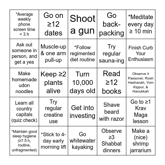 2026 Bingo! (* = for ≥8 weeks straight) Bingo Card