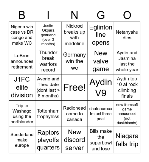 2026 bingo Card
