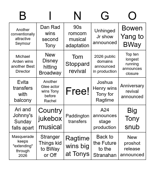 2026 Broadway BINGO Card
