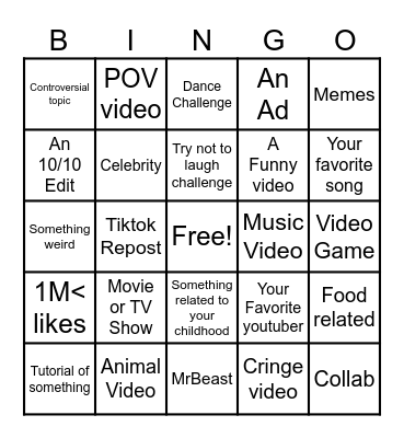 Youtube Bingo Card