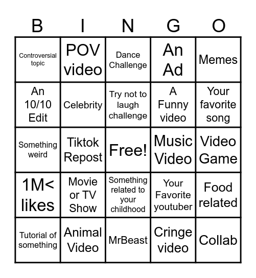 Youtube Bingo Card