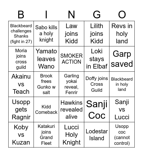 One Piece 2026 Bingo Card