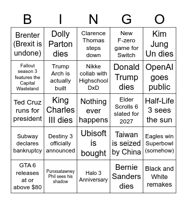 2026 Bingo! Bingo Card