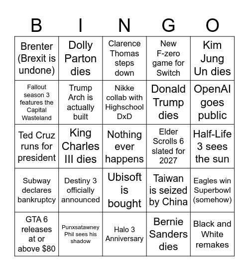 2026 Bingo! Bingo Card