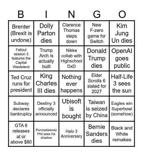 2026 Bingo! Bingo Card