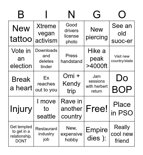 Emma's 2026 Bingo Card