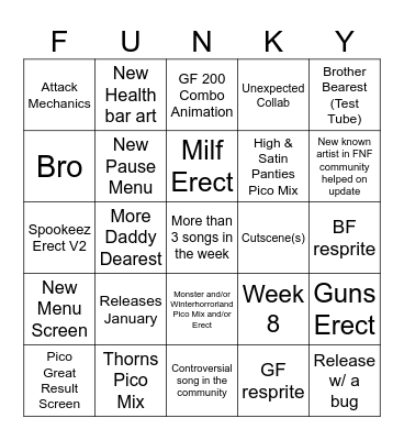 FNF UPDATE PREDICTIONS Bingo Card