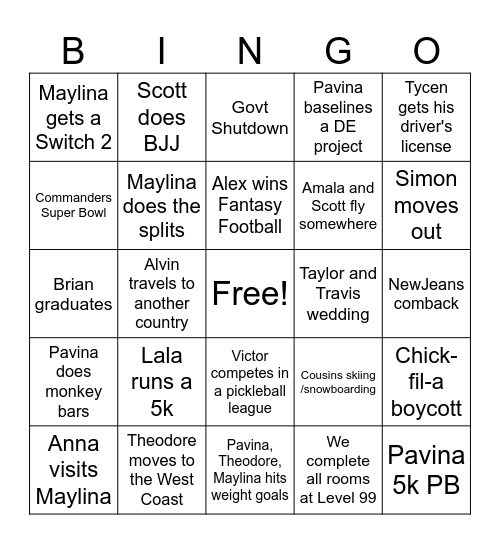 Pavina 2026 Bingo Card