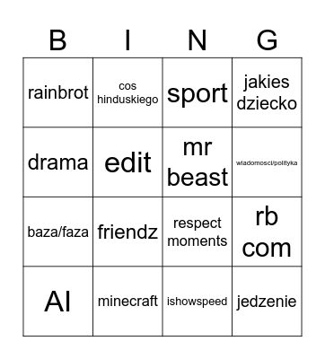 shorts bingo Card