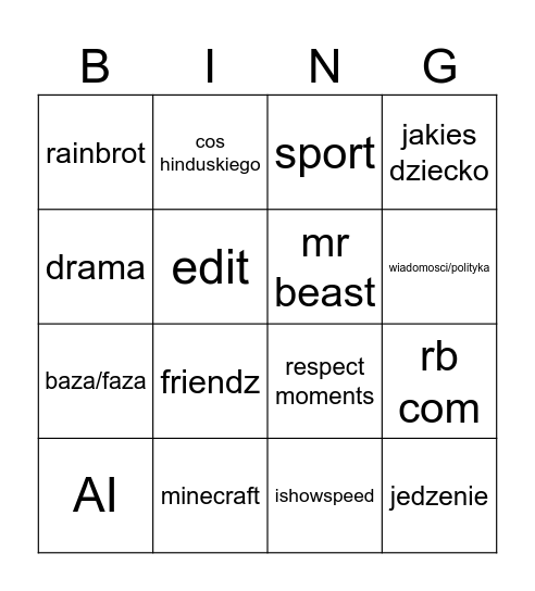shorts bingo Card