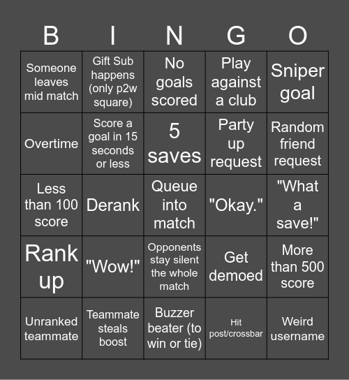 Greenie's Rocket League Bingo Card