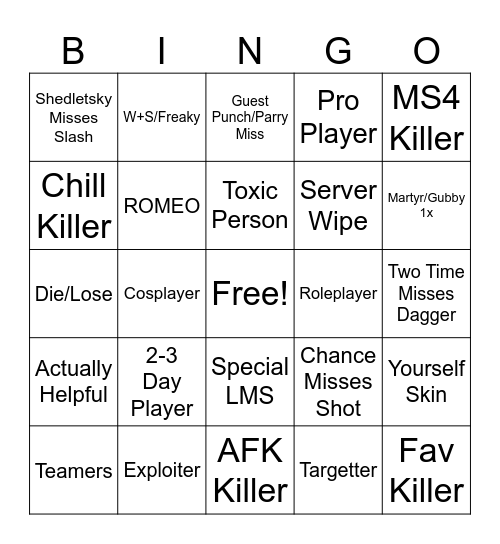Roblox Forsaken Bingo Card