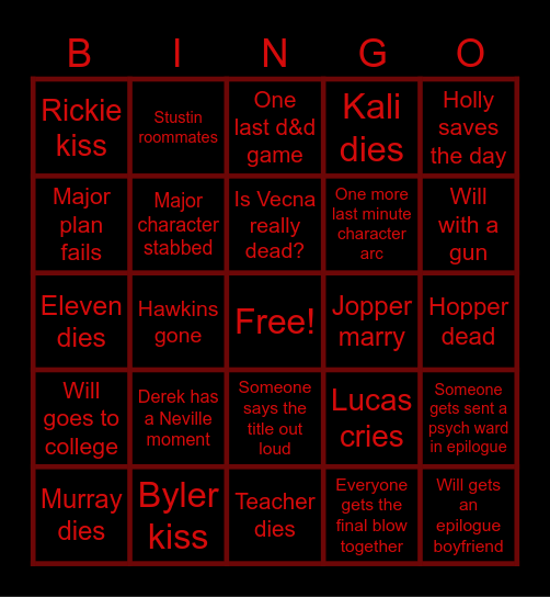 Stranger Things 5 Finale Bingo Card