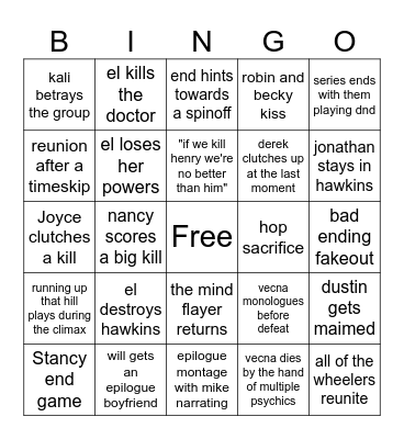 stranger things finale Bingo Card