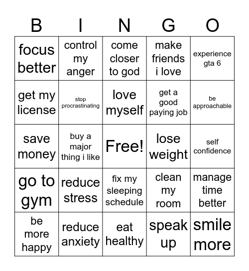 my wish list Bingo Card