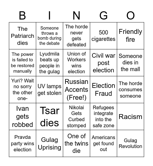 Project Red Sky Bingo Card