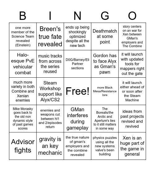 HL3 Bingo Card