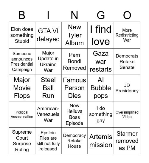 2026 Predictions Bingo Card