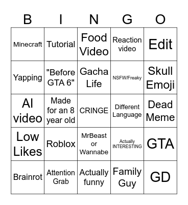 2025 yt shorts bingo Card