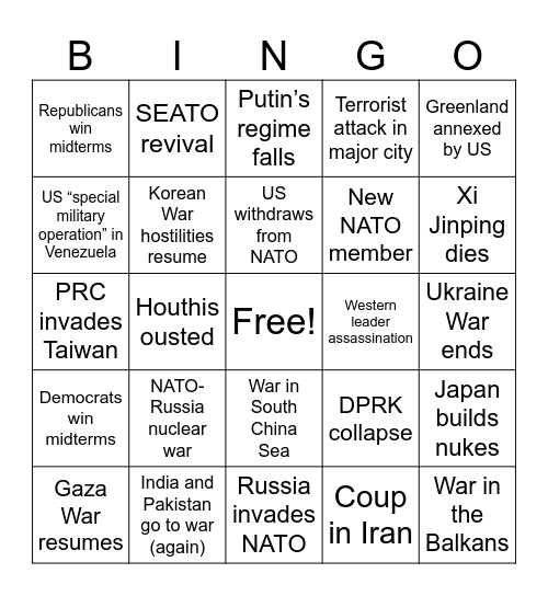 2026 Geopolitics Bingo Card