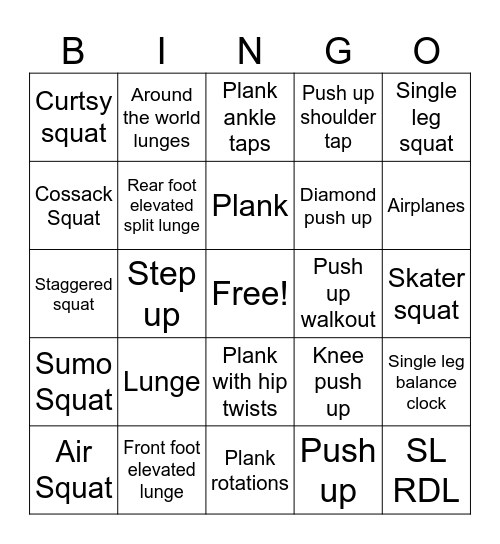 Movement Bingo warm up Bingo Card
