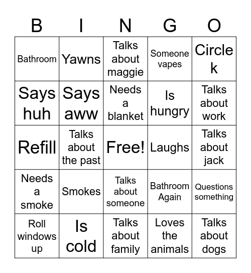 Car ride talks Bingo Card