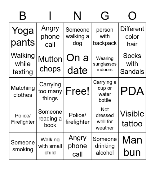 People Watching Bingo Card