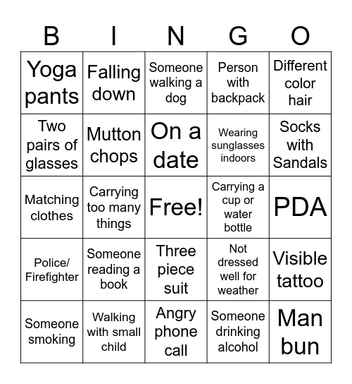 People Watching Bingo Card